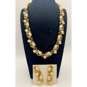 Necklace & Earring Set Faux Pearl Gold Plated Simulated Diamond Fashion Jewelry